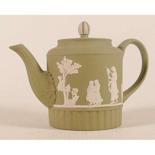 1109 - Wedgwood sage green Domestic Employment miniature tea pot, height 10.5cm.