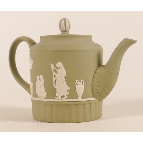 1109 - Wedgwood sage green Domestic Employment miniature tea pot, height 10.5cm.