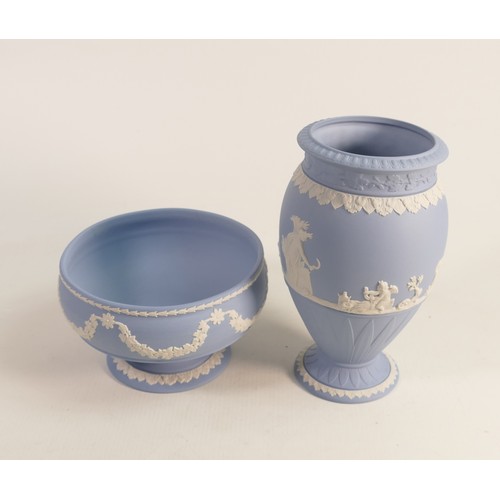 1112 - Wedgwood blue Jasper ware Bountiful vase & footed shallow bowl, height of tallest 19.5cm. (2)