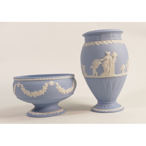 1112 - Wedgwood blue Jasper ware Bountiful vase & footed shallow bowl, height of tallest 19.5cm. (2)