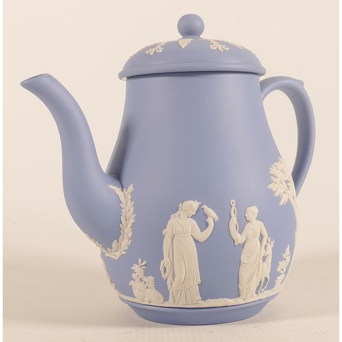 1113 - Wedgwood blue Jasperware coffee pot, height 18cm.