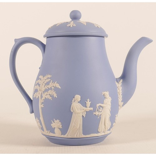 1113 - Wedgwood blue Jasperware coffee pot, height 18cm.