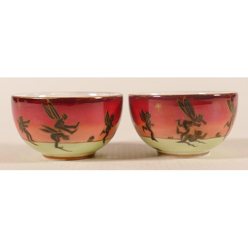 1119 - Pair of modern Wedgwood Fairyland Lustre Leaping Elves & Imps patterned miniature bowls, diameter 6.... 