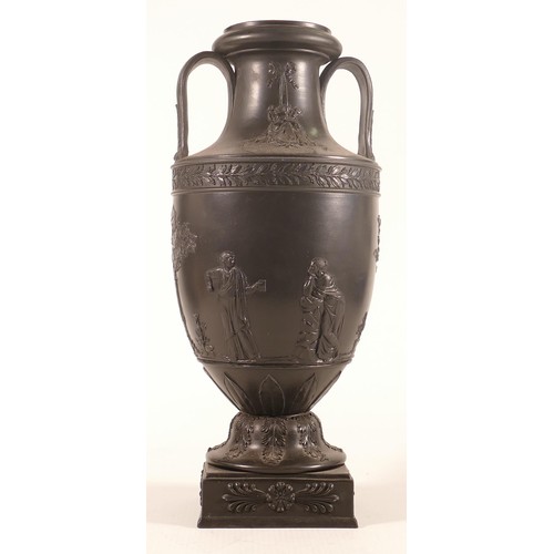 1123 - 19th century Wedgwood black basalt large twin handled neo classical muse vase, height 32cm.