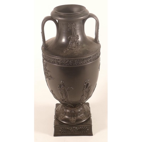 1123 - 19th century Wedgwood black basalt large twin handled neo classical muse vase, height 32cm.