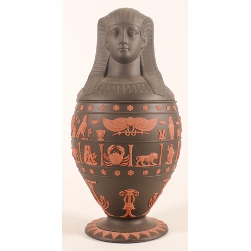 1125 - Wedgwood Terracotta on Black Egyptian Sphinx themed Canopic jar, height 24cm.