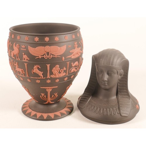 1125 - Wedgwood Terracotta on Black Egyptian Sphinx themed Canopic jar, height 24cm.