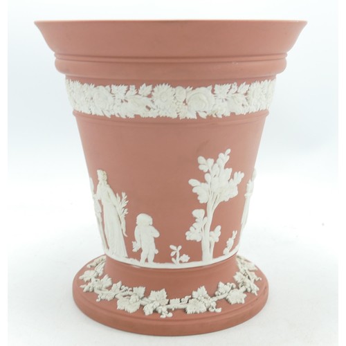 1142 - Wedgwood white on salmon pink large flower vase with frog, height 16cm.