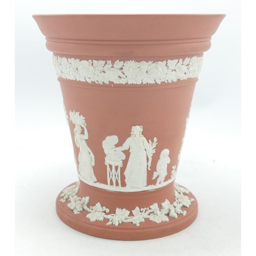 1142 - Wedgwood white on salmon pink large flower vase with frog, height 16cm.