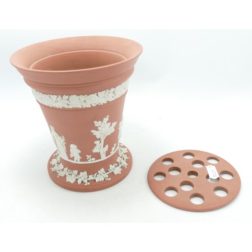 1142 - Wedgwood white on salmon pink large flower vase with frog, height 16cm.