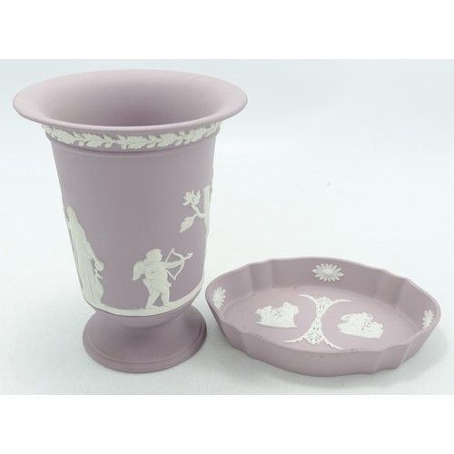 1143 - Wedgwood white on lilac vase & pin tray, tallest 13.5cm. (2)