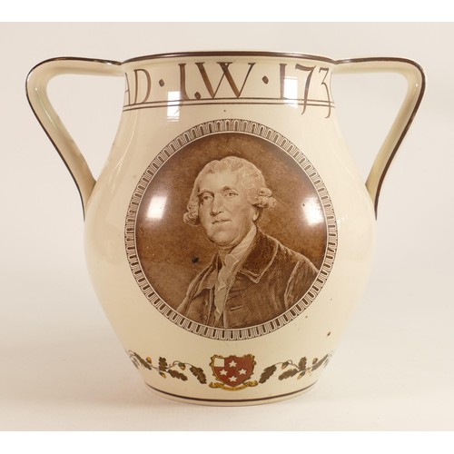 1149 - Large Wedgwood Bicentennial Queens Ware twin handled vase, hairlines to areas around both handles, h... 