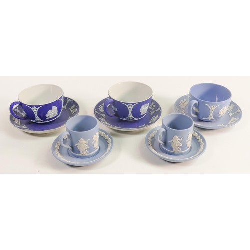 1155 - Wedgwood Dancing Hours coffee cans & saucers together with similar dip blue / glazed Jasper cups & s... 