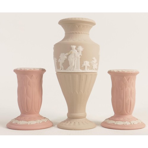 1161 - Wedgwood light taupe vase together with 2 Pink Jasper ware candlesticks, tallest 15.5cm. (3)