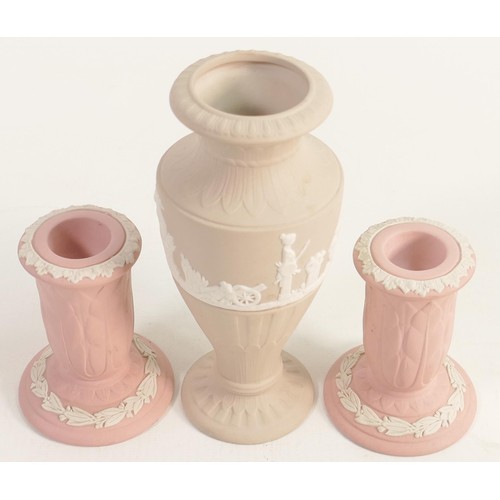 1161 - Wedgwood light taupe vase together with 2 Pink Jasper ware candlesticks, tallest 15.5cm. (3)