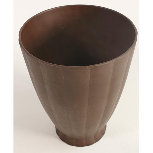 1163 - Keith Murray brown basalt ribbed vase,  height 22cm, chips noted to upper rim & base.