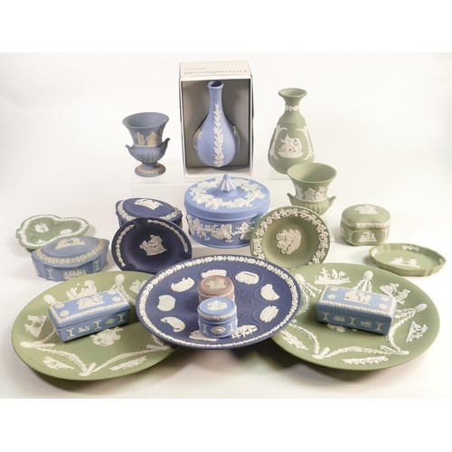 1175 - A collection of Wedgwood Jasperware to include -sage green, royal blue, lilac & similar lidded boxes... 