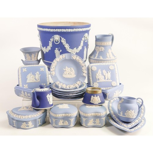 1176 - A collection of Wedgwood blue Jasper ware to include - pin dishes, lidded boxes, plates, vases, dip ... 