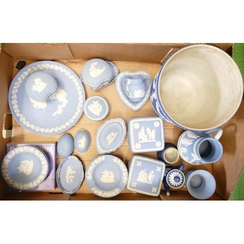 1176 - A collection of Wedgwood blue Jasper ware to include - pin dishes, lidded boxes, plates, vases, dip ... 