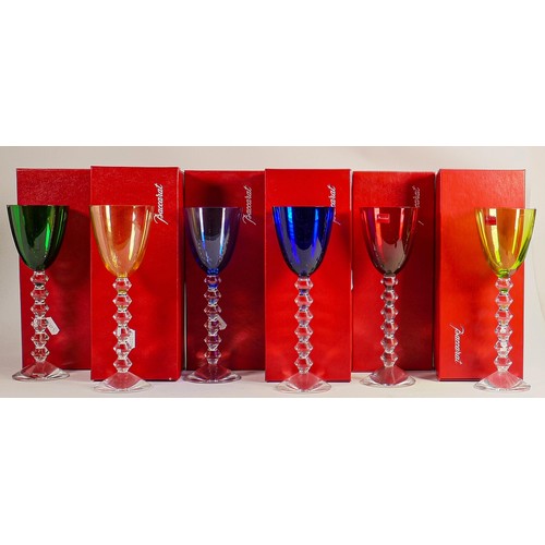 1177 - Six Baccarat coloured boxed Rhine wine glasses, colours to include green, blue, yellow and red. (6)