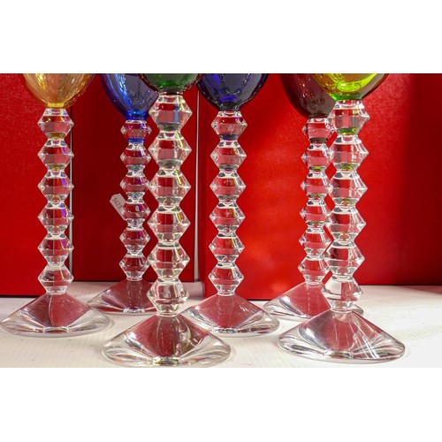 1177 - Six Baccarat coloured boxed Rhine wine glasses, colours to include green, blue, yellow and red. (6)