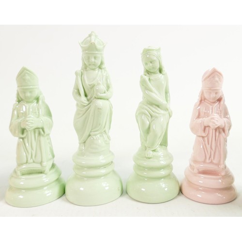 1533 - Minton prototype John Bell design chess set, glazed in pink & green, 32 pieces, height of king 11cm.