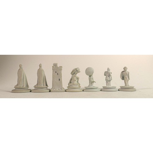 1542 - Wedgwood early Flaxman chess pieces, impressed marks to base, Rose Ellis Collection sticker noted to... 