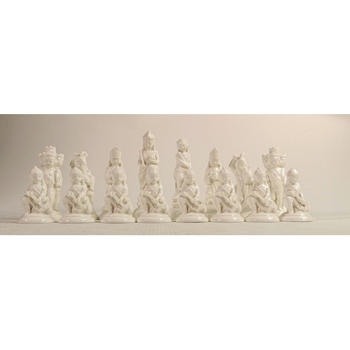 1543 - Minton prototype John Bell design chess set, glazed in white, 16 pieces, height of king 11cm.