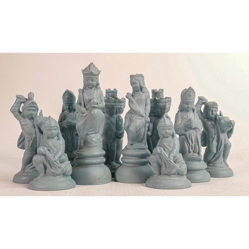 1544 - Minton prototype John Bell design chess pieces, finished in matt Turquoise, 10 pieces, height of kin... 