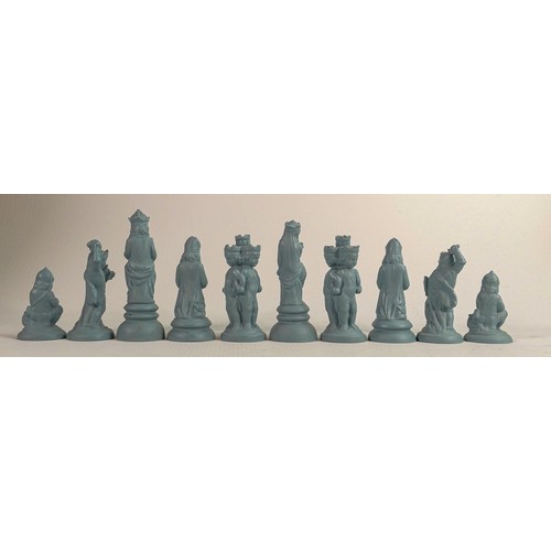 1544 - Minton prototype John Bell design chess pieces, finished in matt Turquoise, 10 pieces, height of kin... 