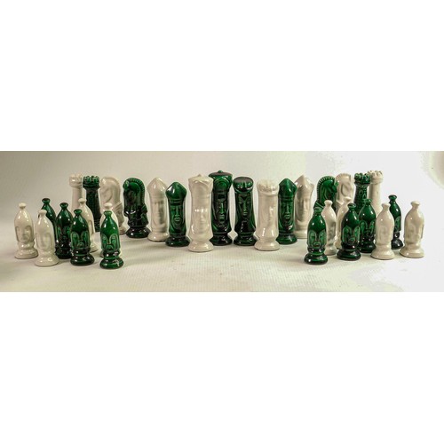 1546 - Mid century Duncan Ceramics Medieval theme chess set, 32 pieces finished in green & white.