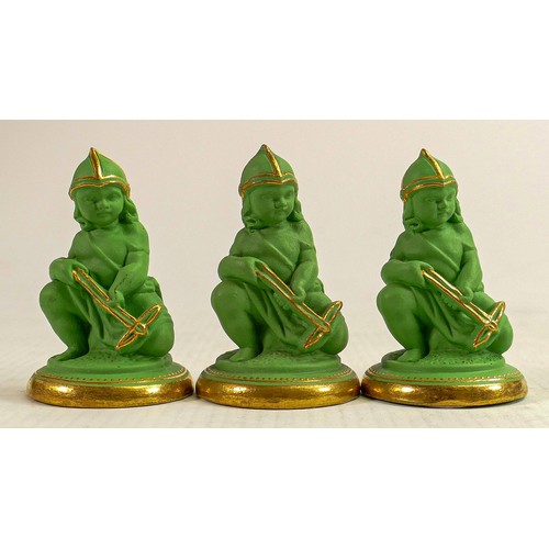 1548 - John Bell for Minton, three green and gilded Parian pawn chess pieces, circa 1851, height 7cm (3)