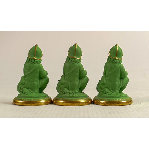 1548 - John Bell for Minton, three green and gilded Parian pawn chess pieces, circa 1851, height 7cm (3)