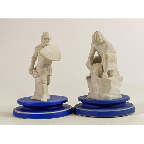 1549 - Early Flaxman for Wedgwood, cream and blue Jasper ware chess pieces, height 6.5cm (2)