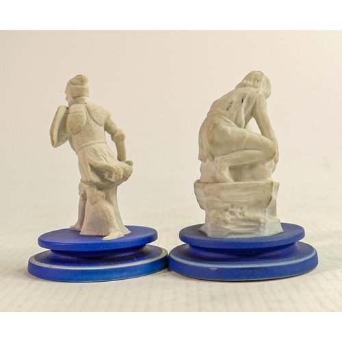 1549 - Early Flaxman for Wedgwood, cream and blue Jasper ware chess pieces, height 6.5cm (2)