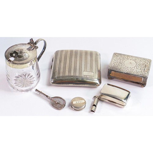 1791 - A collection of silver items, including cigarette case, tennis racket brooch, snuff boxes, match cas... 