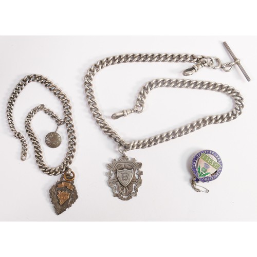 1795 - Victorian silver double Albert watch chain, another silver watch chain and two silver medals, 123g.