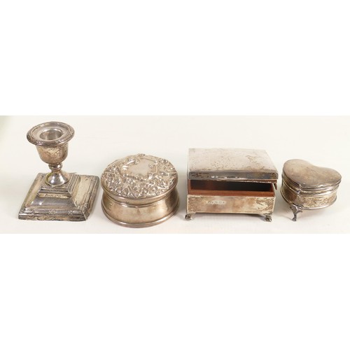 1798 - A collection of silver filled boxes comprising round and heart shaped box & covers, candlestick and ... 