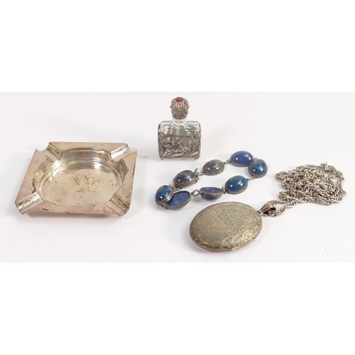 1800 - A collection of silver items including ashtray, pendant & chain, 66g and agate bracelet and scent bo... 