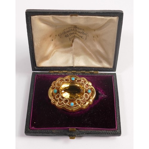 1866 - Victorian higher carat citrine & turquoise brooch in original case. Measuring 35mm x 28mm x 12mm dee... 