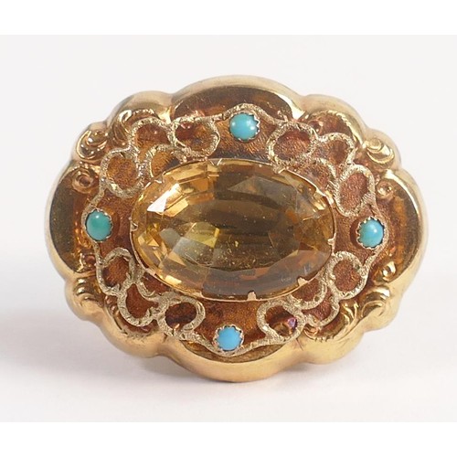 1866 - Victorian higher carat citrine & turquoise brooch in original case. Measuring 35mm x 28mm x 12mm dee... 