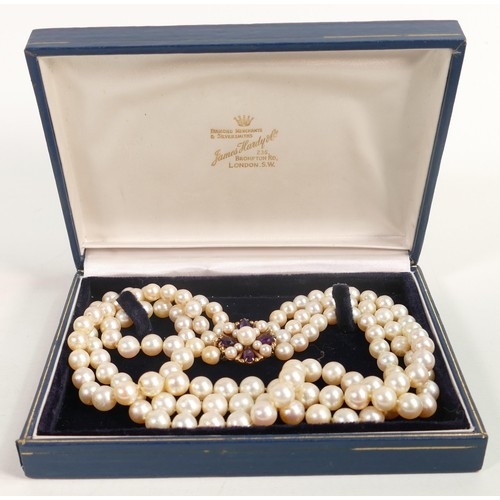 1868 - Impressive 3 strand cultured pearl choker necklace, with gold set amethyst & pearl clasp.  The large... 