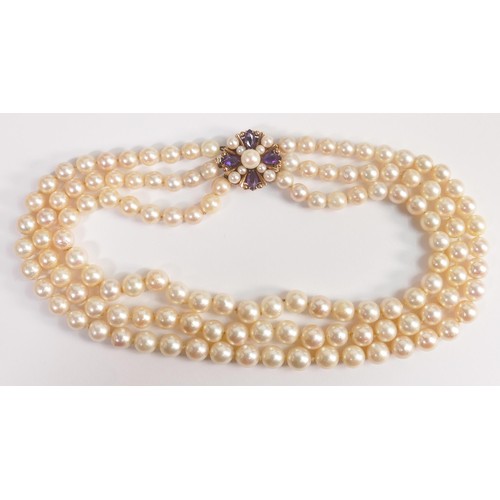 1868 - Impressive 3 strand cultured pearl choker necklace, with gold set amethyst & pearl clasp.  The large... 