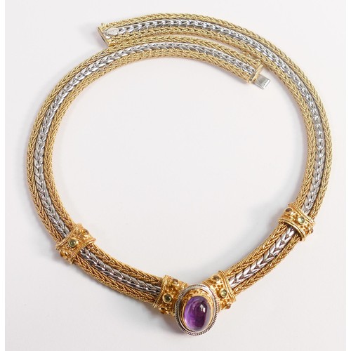 1921 - 14ct gold two colour necklet / collar, a very heavy piece set with large cabochon amethyst and perid... 