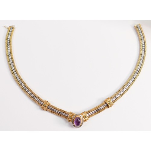 1921 - 14ct gold two colour necklet / collar, a very heavy piece set with large cabochon amethyst and perid... 