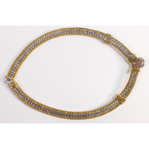 1921 - 14ct gold two colour necklet / collar, a very heavy piece set with large cabochon amethyst and perid... 