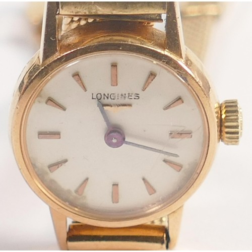 1924 - 18ct gold Longines ladies wristwatch and 18ct gold bracelet.  Gross weight 22.7g.  Winds, ticks and ... 