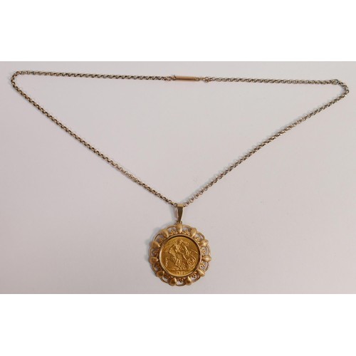 1953 - Gold Full Sovereign dated 1912 in 9ct gold mount & chain, 14.8g.