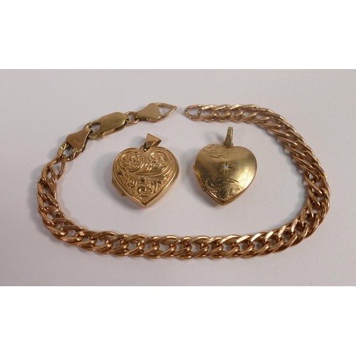 1955 - 9ct rose gold bracelet together with two 9ct gold heart shaped lockets, 8.7g. (3)