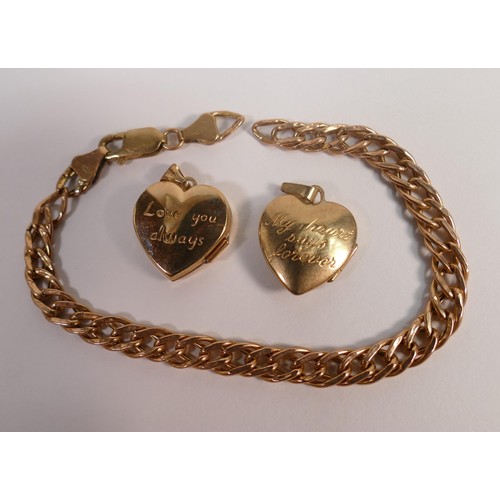 1955 - 9ct rose gold bracelet together with two 9ct gold heart shaped lockets, 8.7g. (3)